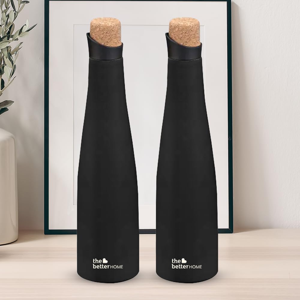 The Better Home Insulated Stainless Steel Water Bottle with Cork Cap | 18 Hours Insulation | Pack of 2-500ml Each | Hot Cold Water for Office School Gym | Leak Proof & BPA Free | Black