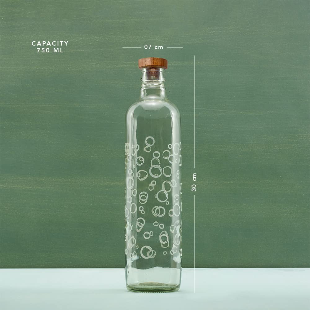Ellementry bubbles glass water bottle with wooden stopper| 750 ml | Clear | Water Bottle | Milk Bottle | Juice Bottle | Cocktail Bottle | Handcrafted | Sustainable | Food Safe | Cultural Revival | Set of 4