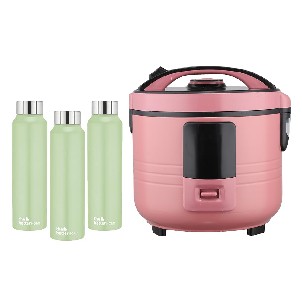 The Better Home FUMATO Cookeasy Automatic 500W Electric Rice Cooker 1.5L Pink & Stainless Steel Water Bottle 1 Litre Pack of 3 Green