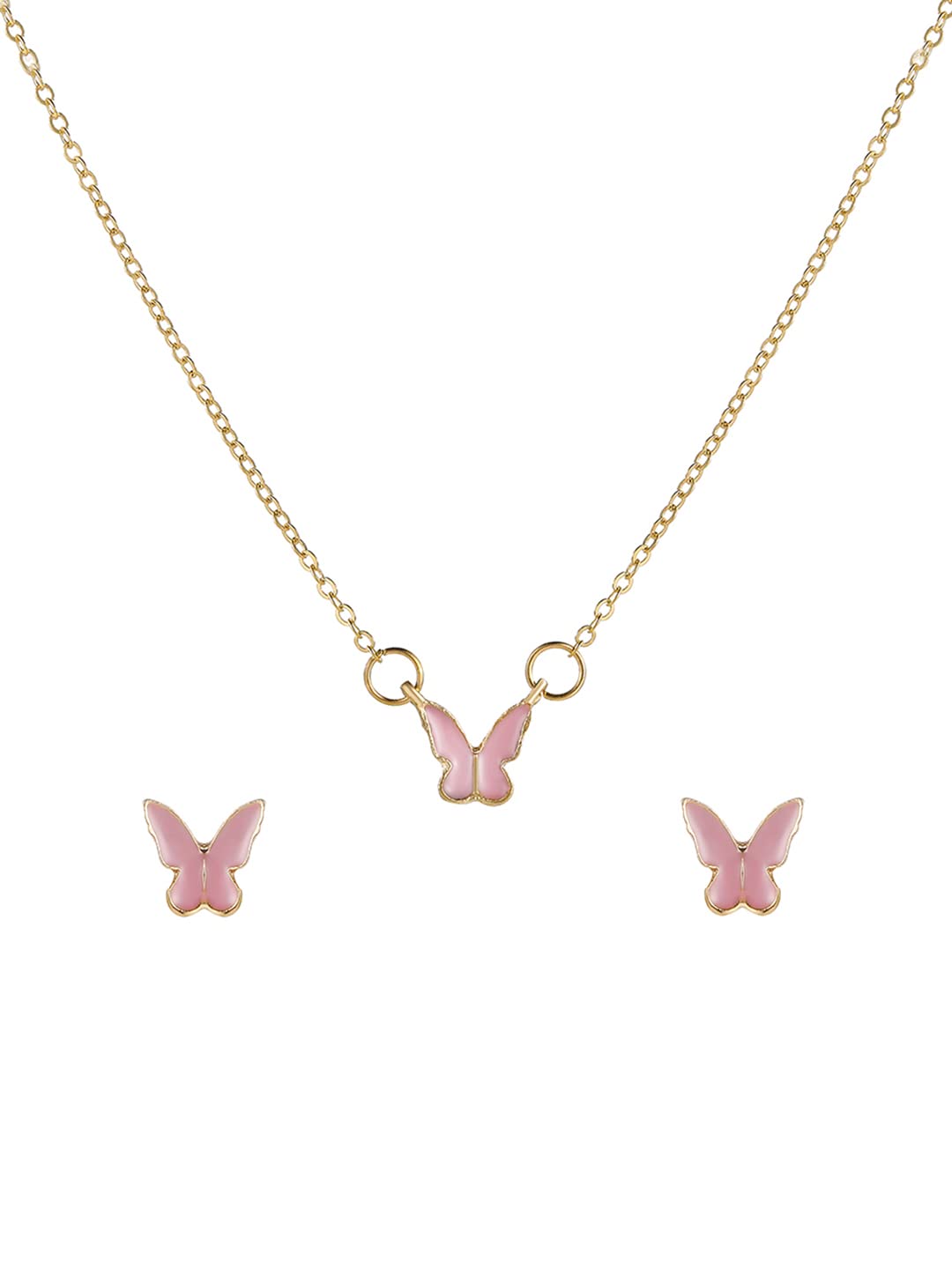 Yellow Chimes Necklace Set For Women Gold Tone Chain Pink Color Butterfly Charm Attached With Butterfly Shape Earrings For Women and Girls