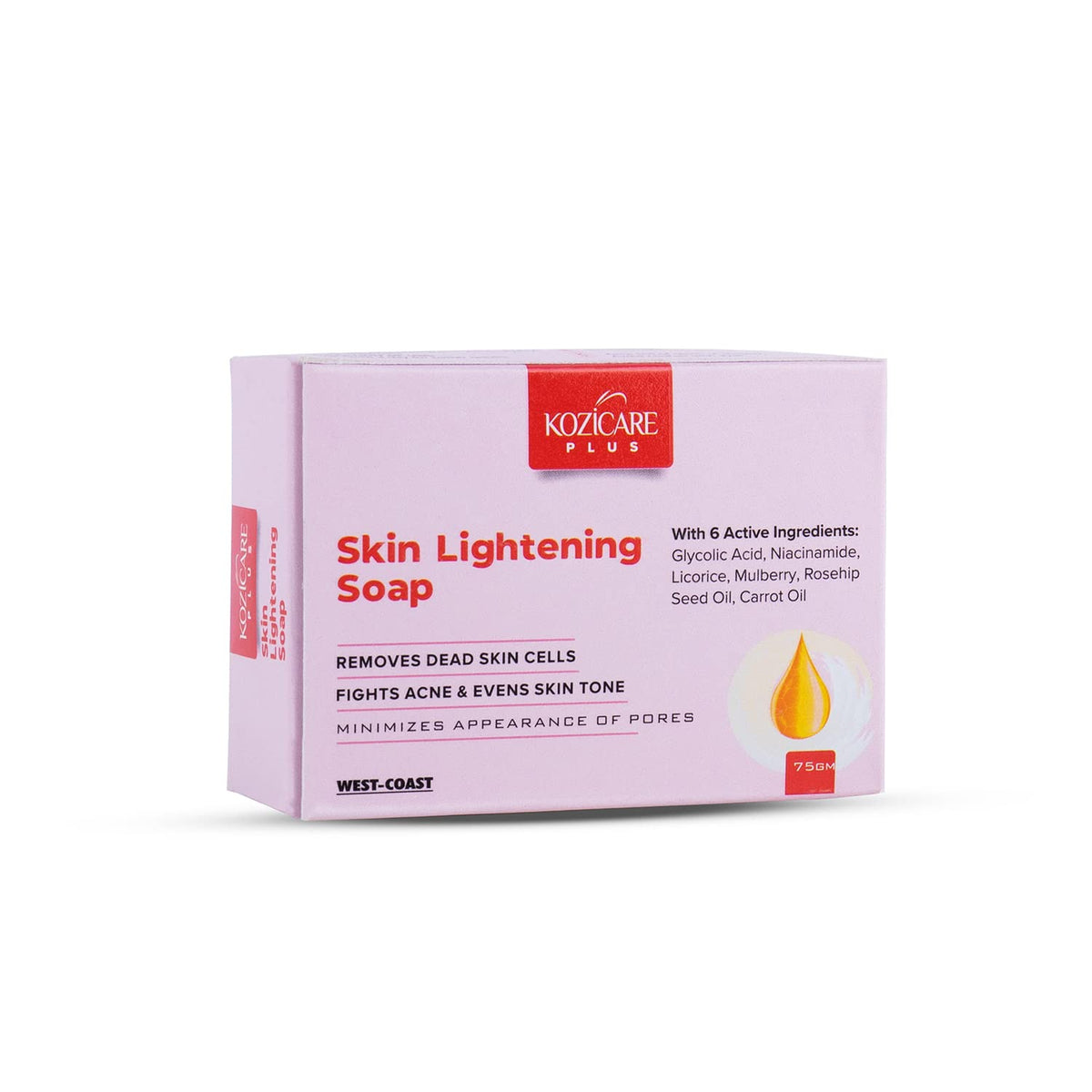 Kozicare Plus Skin Lightening Soap with Kojic Acid 2.5%, Glutathione 1%, Arbutin 1.5%, Vitamin C 2%, Vitamin E, Vitamin A, Licorice 2%, Glycolic Acid 3%, Rosehip Oil 0.5%, Niacinamide 1% - 75gm