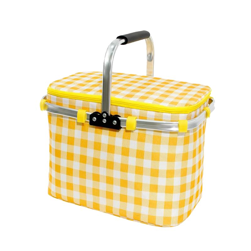 Urbane Home Picnic Basket | Market Storage Basket with Lid | Aluminum Handles for Travel | Shopping Basket | Check-Print Multi-Utility Basket | 23 Ltr | JY2238-YEL | Yellow