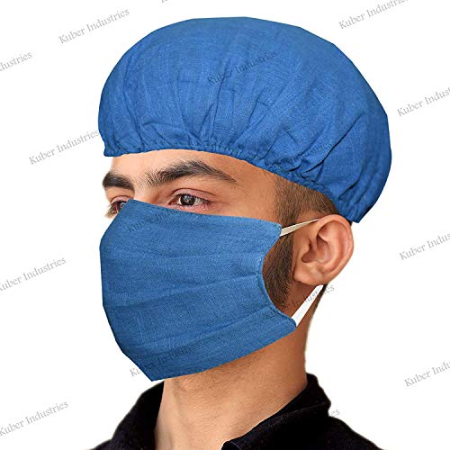 Kuber Industries Cotton 2-Layer Reusable Anti Pollution Mask with Surgeon Caps (Blue, MASK46392) - Pack of-4