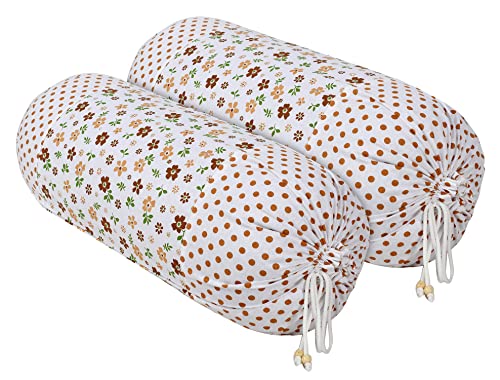 Heart Home Flower Printed Soft & Luxurious Decorative Cotton Bolster Cover- Set of 2, 16"x32" (Brown & White)-44HH0142