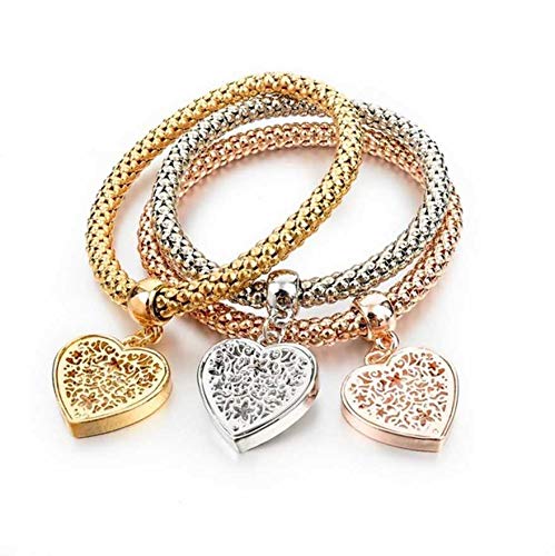 Yellow Chimes Combo of 3 Pcs Stylish Exclusive Heart Shape Rodium Platinum Plated Stretchable Charm Bracelet for Women