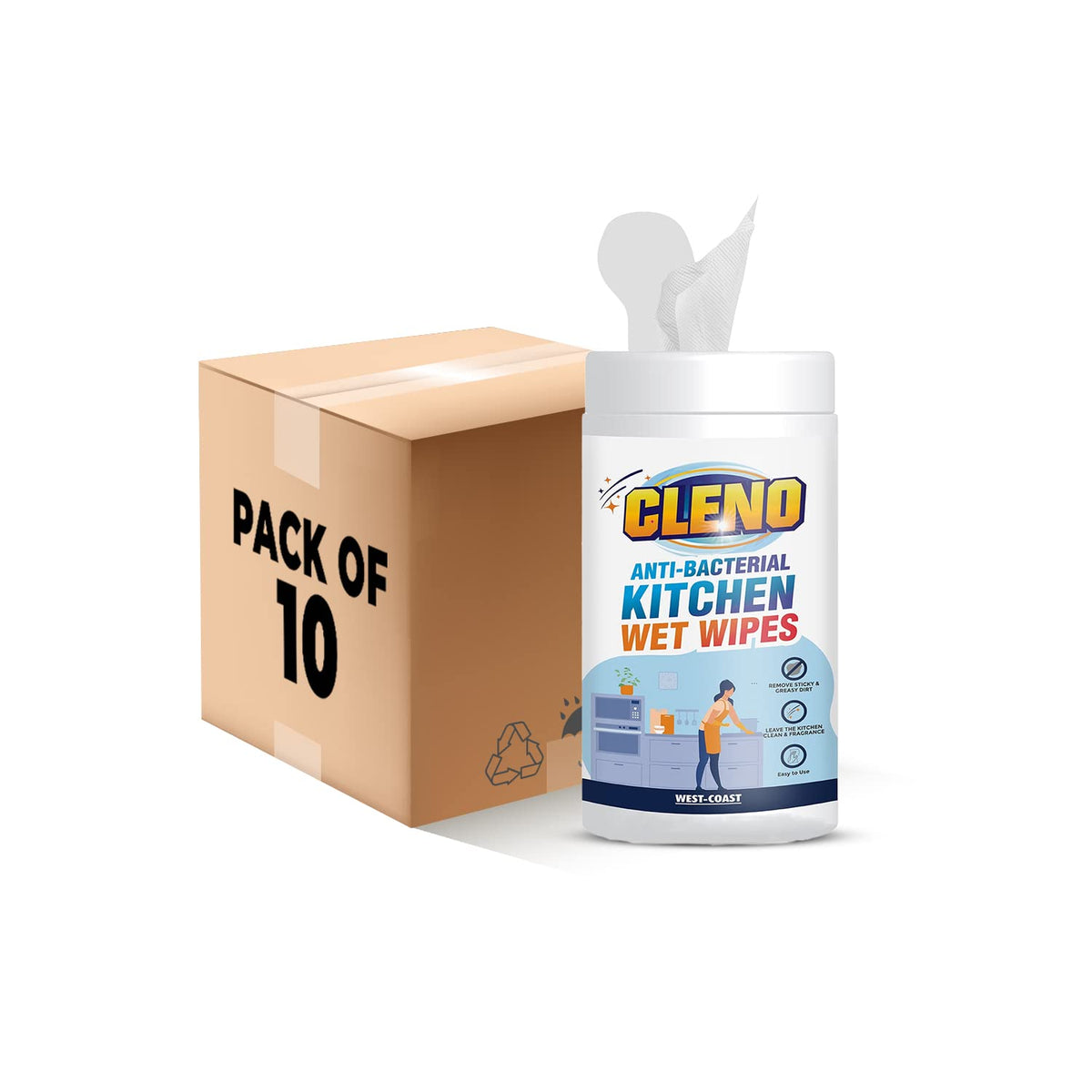 Cleno Kitchen Wet Wipes to Clean Sticky, Greasy Dirt on Platform, Shelves, Jars, Floor & Sink - 50 Wipes (Ready to Use) (Pack of 10)