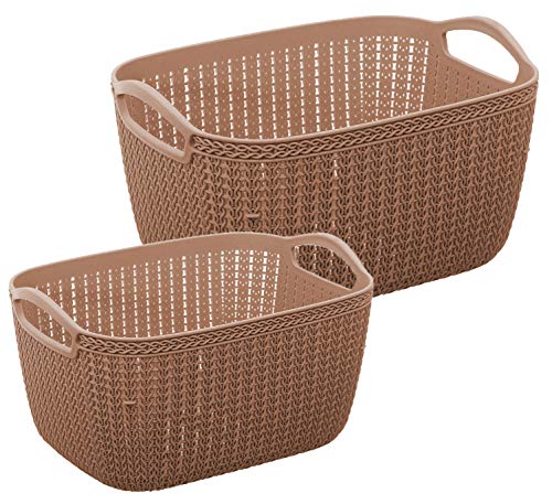 Kuber Industries Unbreakable Plastic 2 Pieces Multipurpose Large And Medium Size Flexible Storage Baskets/Fruit Vegetable Bathroom Stationary Home Basket with Handles (Brown) -CTKTC39345