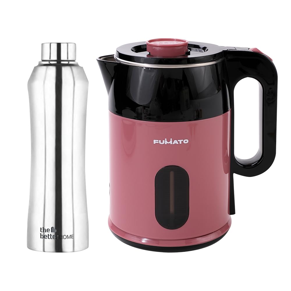 The Better Home FUMATO RapidHeat Pro Electric Kettle 1.8 L, Pink& Stainless Steel Water Bottle 1 Litre Silver