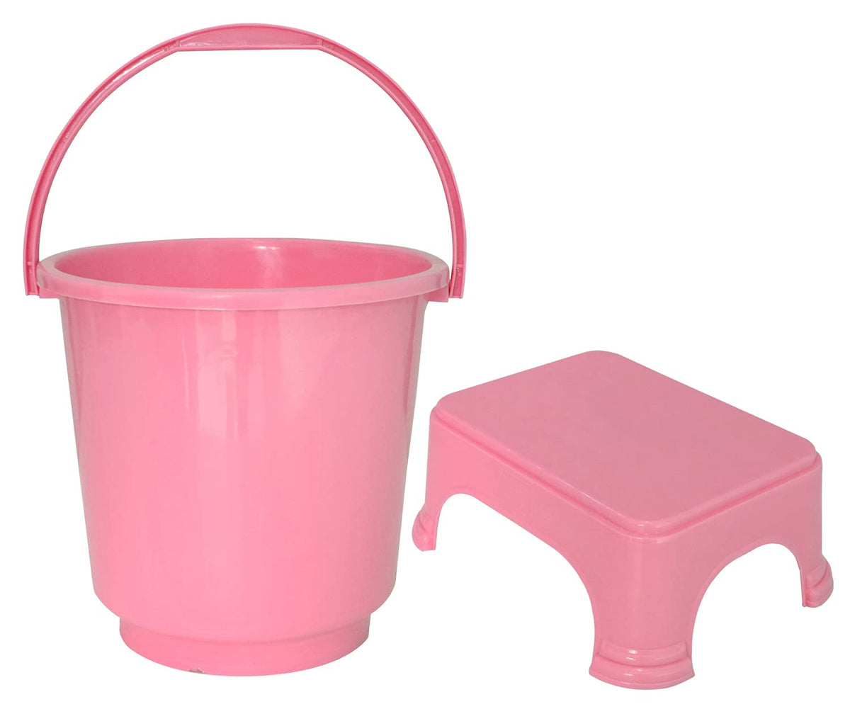 Kuber Industries 2 Pieces Plastic Bucket & Stool Set (Pink)