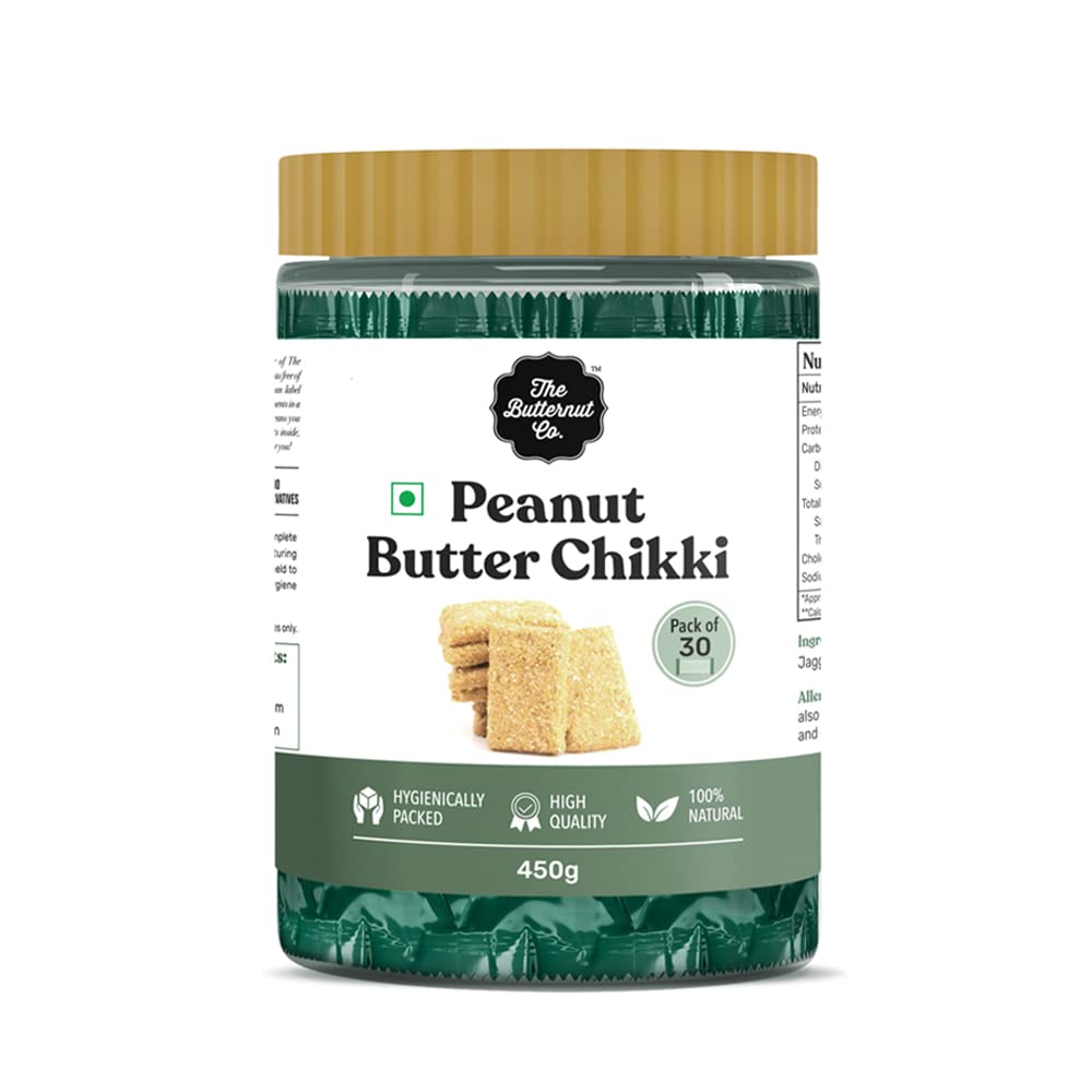 The Butternut Co. Peanut Butter Chikki | Natural | High Protein & Fibre | Gluten Free | Vegan | Pack of 30 (15g Each)