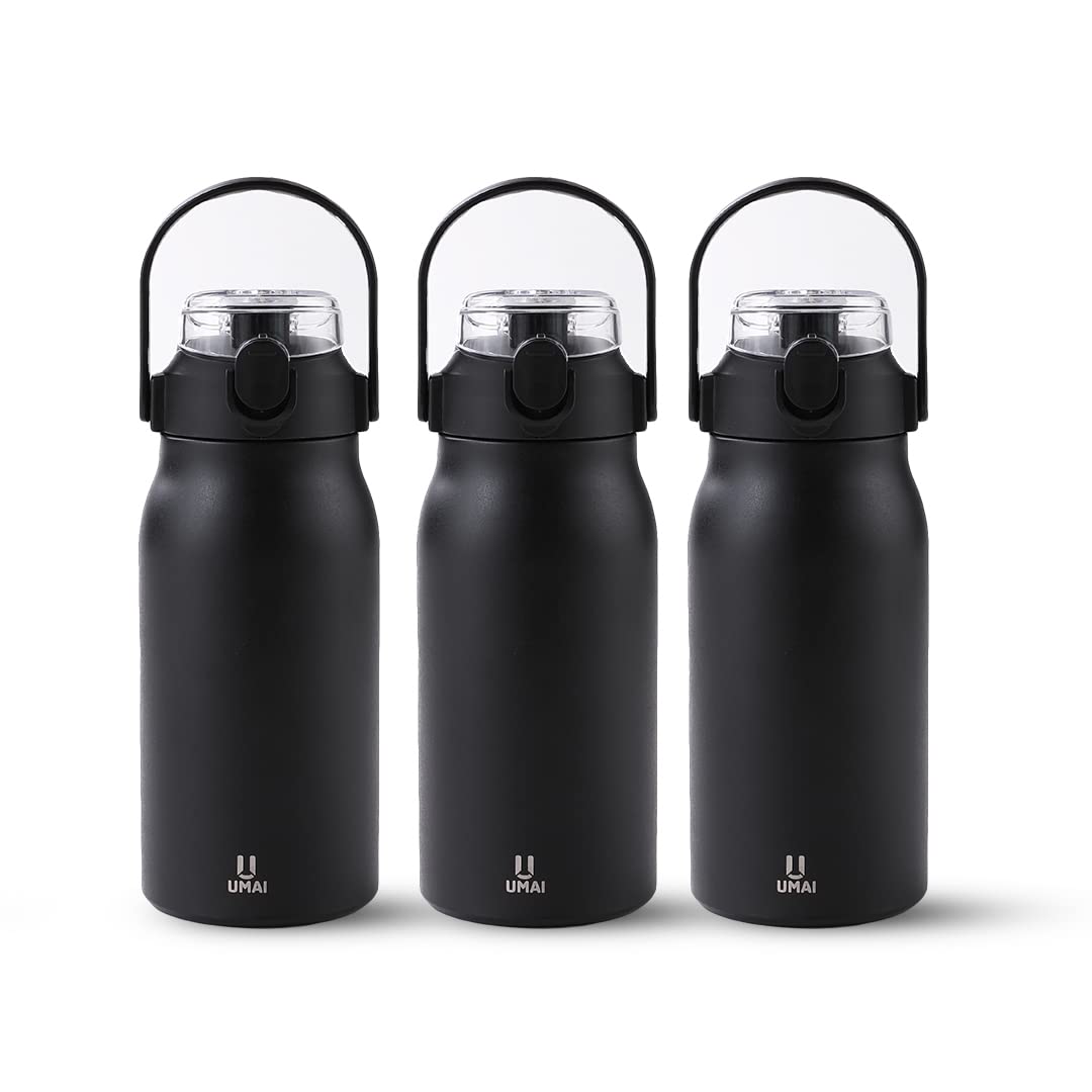 UMAI Insulated Stainless Steel Bottle 1 Litre with Sipper Lid-Double Wall Vacuum Thermos |Leak Proof|Rust Proof|Keeps Drinks Hot/Cold for 6-12 Hours|Flip Up Handle|Easy to Carry (Black) (Pack of 3)