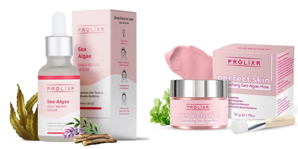 Prolixr Ultimate Sea Algae Skincare Duo: Detoxifying Face Mask & Daily Repair Serum for Glowing, Radiant Skin | Pore Minimizer, Cleaner, and Hydrator | Suitable for Men & Women | 50g Mask + 30ml Serum