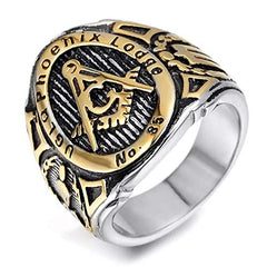 Yellow Chimes Vintage AG Masonic Logo Religious Freemason Symbol with Phoenix Engraved Stainless Steel Ring for Men & Boys