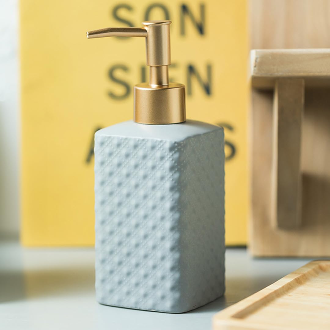 UMAI Liquid Soap Dispenser | Stoneware | Bathroom Sanitizer, Lotion, Shampoo Dispenser | Ceramic Handwash Bottle for Kitchen | Soap Dispenser for Wash Basin | Bathroom Accessories | Grey | 350 ml