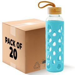 The Better Home Borosilicate Glass Water Bottle with Sleeve 550ml | Non Slip Silicon Sleeve & Bamboo Lid | Water Bottles for Fridge | Light Blue (Pack of 20)