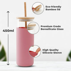 The Better Home Borosilicate Glass Tumbler with Lid and Straw 450ml | Water & Coffee Tumbler with Bamboo Straw & Lid | Leak & Sweat Proof | Durable Travel Coffee Mug with Lid (Fuscia)