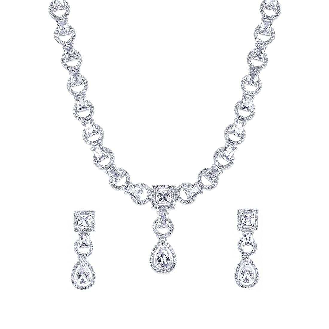Yellow Chimes Women's Traditional White American Diamond Jewellery Rhodium Plated AD Necklace Set