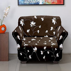 Kuber Industries Flower Printed Stretchable, Non-Slip Polyster Single Seater Sofa Cover/Slipcover/Protector with Foam Stick (Brown)-50KM01397, Standard
