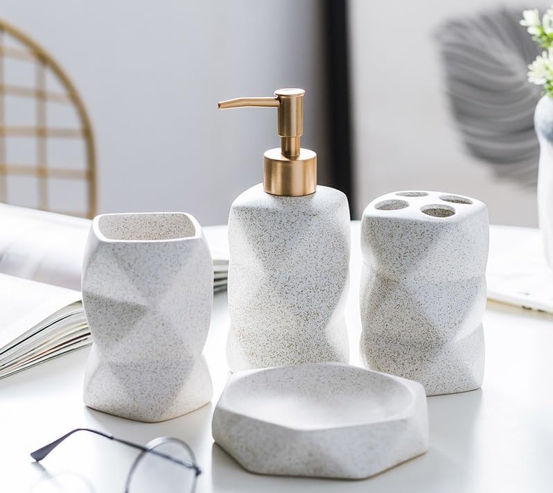 UMAI 4 Pcs Ceramic Bathroom Accessories Set - Tooth Brush Holder, Water Cup (380ml), Soap Dispenser (380ml), Soap Holder Dish for Bathroom (White)