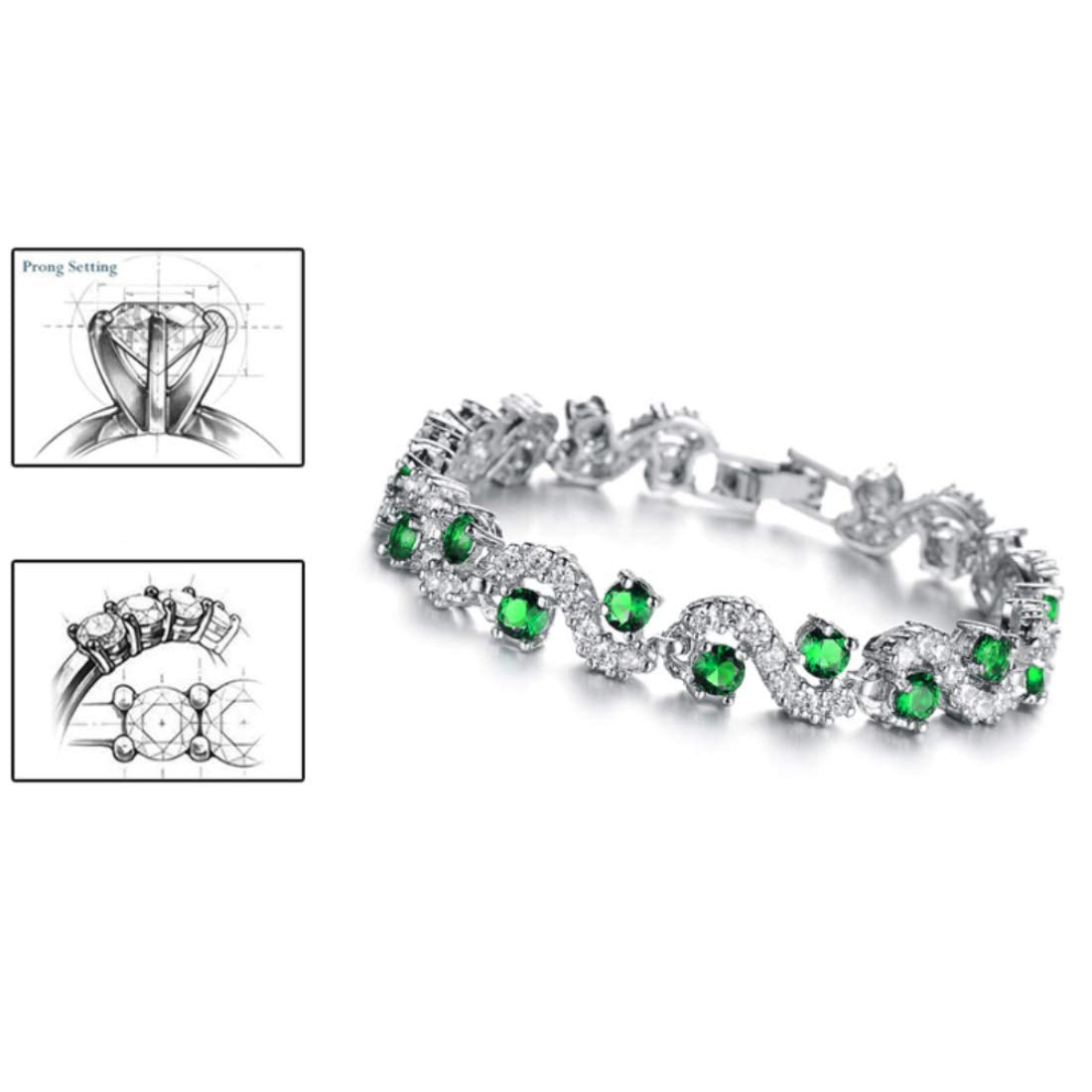 Platinum link chain bracelet with emerald green stone and cz 