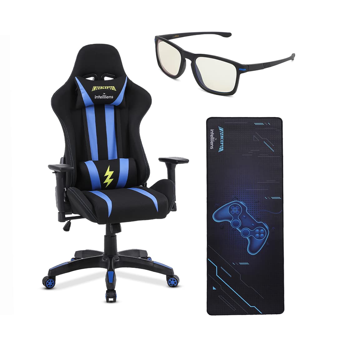 INTERCEPTOR Ergonomic Gaming Chair, Gaming Mat & Gaming GlassesCombo | Premium Fabric, Adjustable Neck & Lumbar Pillow, 3D Adjustable Armrests