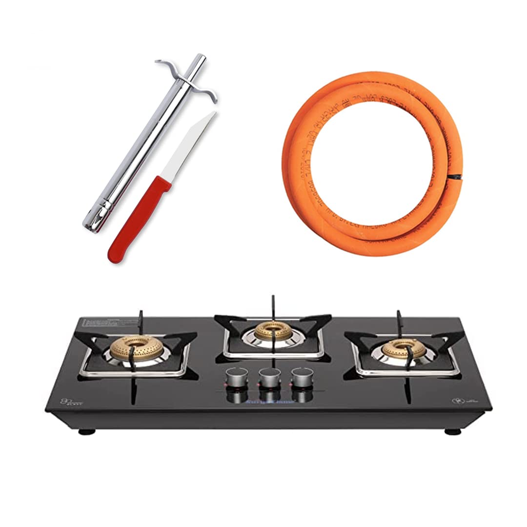 Surya Flame Apollo Square Hob Top 3 Burners Manual Glass Stove | LPG Gas Dual Layer Rubber Hose Pipe 1.5M | Premier Stainless Steel Gas Lighter with Knife