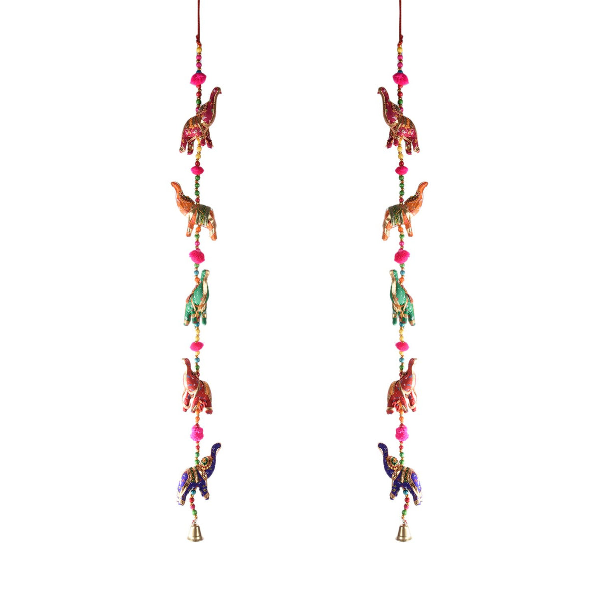 Kuber Industries Rajasthani Traditional Windchimes|5 Hanging Elephants|Polyester Handcrafted Latkan|Decorative Door Hanging Latkan|Pack of 2 (Multicolor)