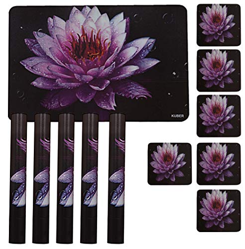 Kuber Industries Lotus Printed PVC Dining Table Placemat with Tea Coasters Set (Black) - CTKTC014397-6 Pieces