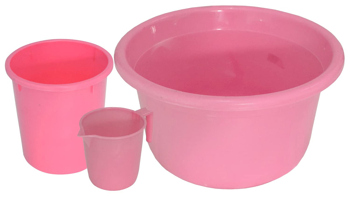 Kuber Industries 3 Pieces Plastic Mug, Dustbin & Tub Set (Pink)