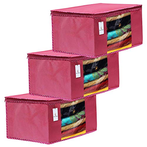 Kuber Industries 3 Piece Non Woven Fabric Saree Cover Set with Transparent Window, Extra Large, Pink-CTKTC31872