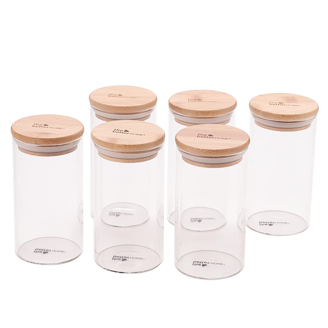 The Better Home Pack of 6 Kitchen Accessories Item with Bamboo Lid I Transparent Airtight Borosilicate Kitchen Containers Set | Glass Jars for Cookies Snacks Tea Coffee Sugar | 300 ml Each