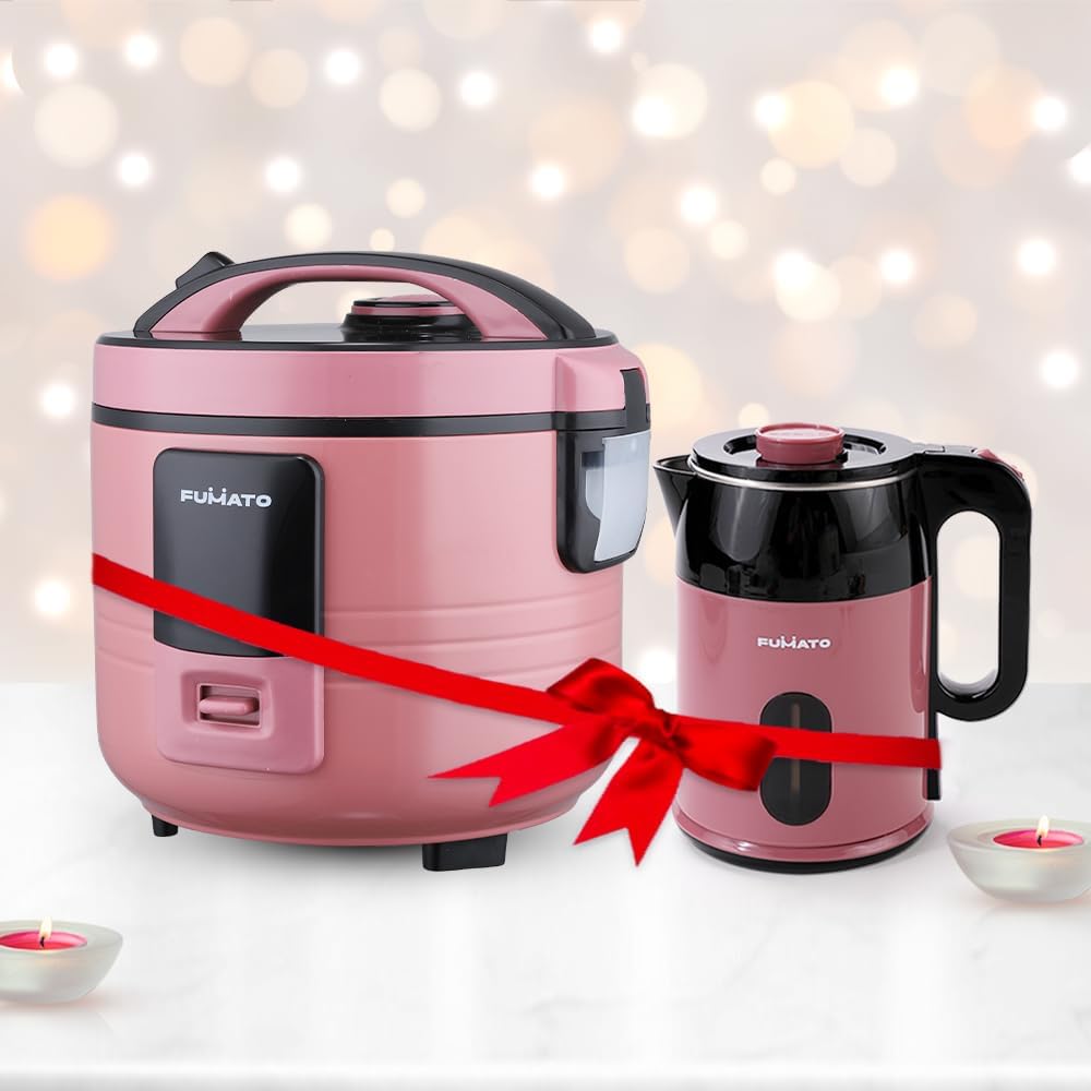 Gleevers The Better Home FUMATO Wedding Gift | Rice Cooker & Electric Kettle |Perfect Gifting Combo| Colour Coordinated sets| 1 year Warranty (Cherry Pink(Electric kettle + Rice cooker)