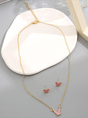 Yellow Chimes Necklace Set For Women Gold Tone Chain Pink Color Butterfly Charm Attached With Butterfly Shape Earrings For Women and Girls