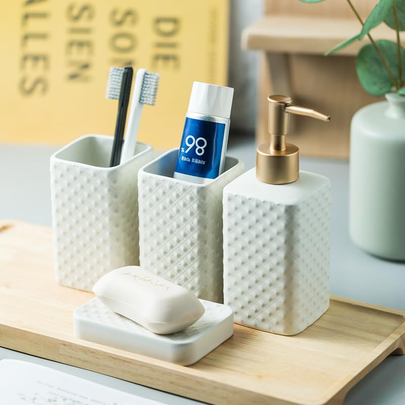 UMAI 4 Pcs Ceramic Bathroom Accessories Set - Tooth Brush Holder, Water Cup (340ml), Soap Dispenser (350ml), Soap Holder Dish for Bathroom (White)
