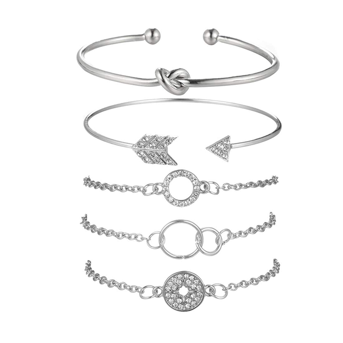 Yellow Chimes Exclusive Combo of 5 Pcs/Set Round Circle Arrow Knot Crystal Charm Multilayer Adjustable Open Bangle Boho Style Kada Bracelets for Women and Girl's