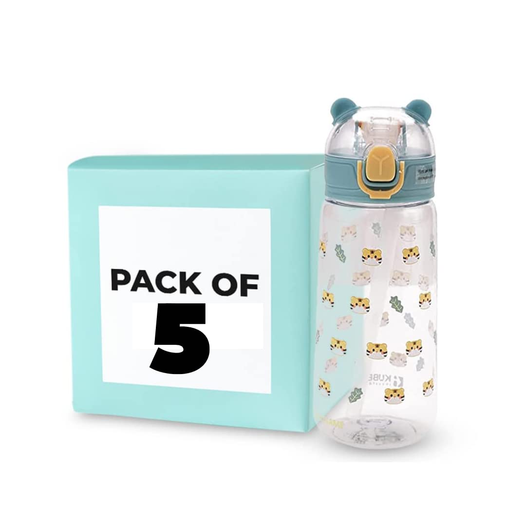 Kuber Pack of 5 Water Bottle for Kids | Printed Designs for Kids | Plastic Sipper Bottle for Kids | Food Grade Plastic | One Click Open Flip Lid | Transparent, Leak Proof, BPA Free | 550 ml