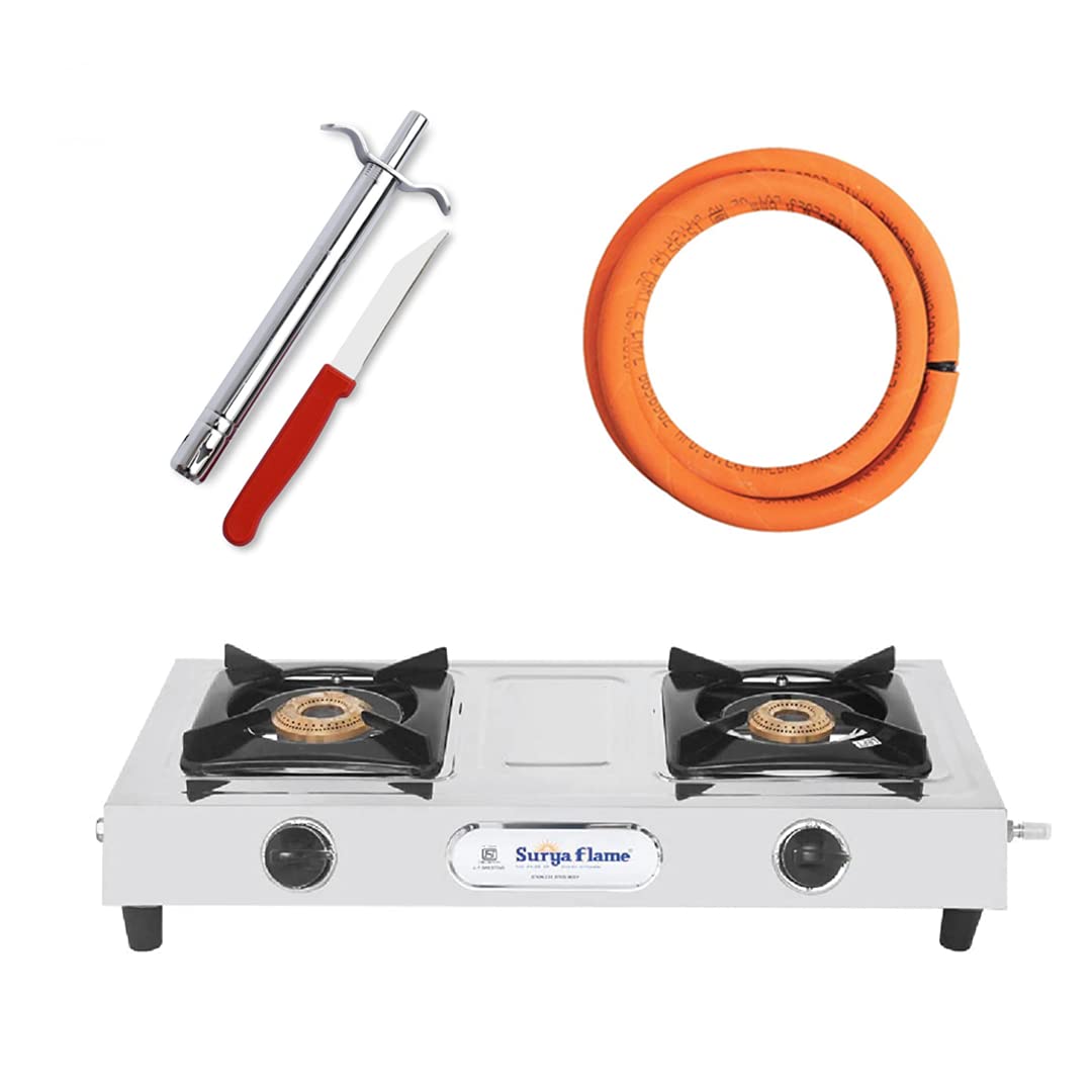 Surya Flame Venus Gas Stove 2 Burners Manual LPG Stove | LPG Gas Dual Layer Rubber Hose Pipe 1.5M | Premier Stainless Steel Gas Lighter with Knife