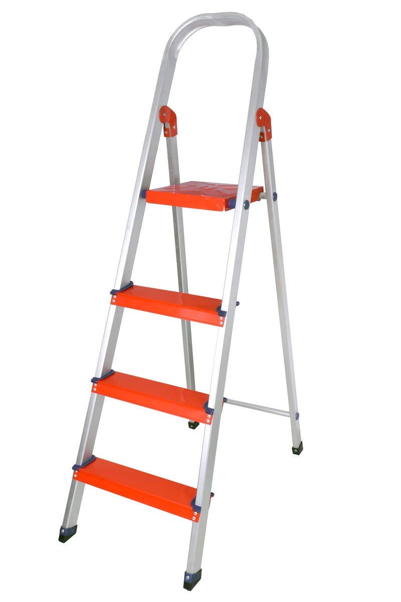 Plantex Classic 4 Step Foldable Aluminium Ladder for Home Use/Step Ladder (Orange & Silver)