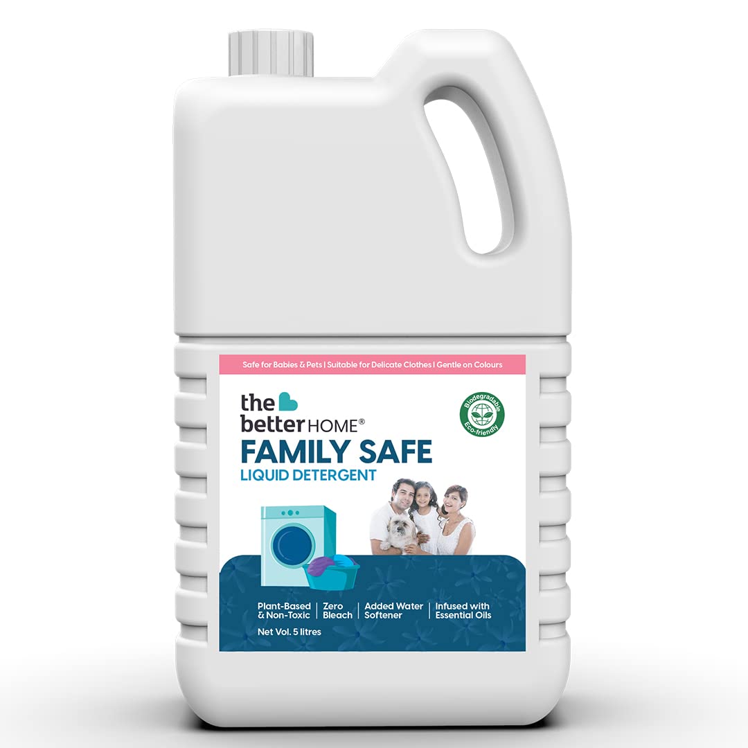 The Better Home Family Safe Laundry Liquid Detergent | Non Toxic, Bio Degredable | Baby & Pet Safe | With Added Water Softener | Front & Top Load Liquid Detergent | 5 L, Blue