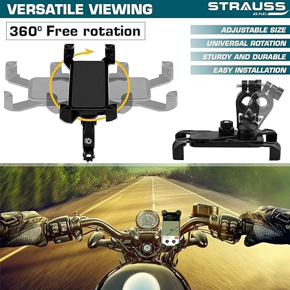 STRAUSS Bike Mobile Holder - Adjustable 360° Rotation Bicycle Phone Mount |  Anti Shake and Stable Cradle Clamp | Bike Accessories | Bike Phone Holder