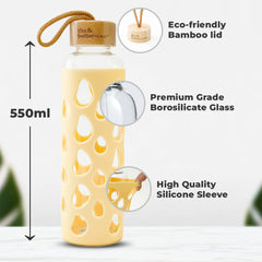The Better Home Borosilicate Glass Water Bottle with Sleeve 550ml | Non Slip Silicon Sleeve & Bamboo Lid | Water Bottles for Fridge | Yellow (Pack of 100)