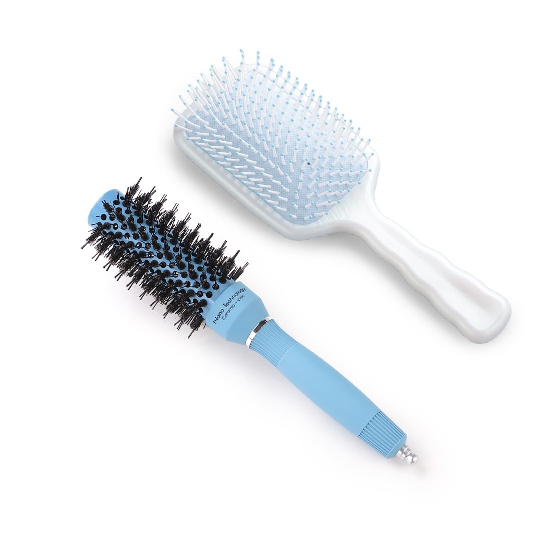 UMAI Hair Brush with Strong & Flexible Bristles|Pain-Free Detangling|Hairbrush Set for All Hair Type|Hair Styling Brush for Women & Men (Thermal Ceramic-32mm & Detangler)