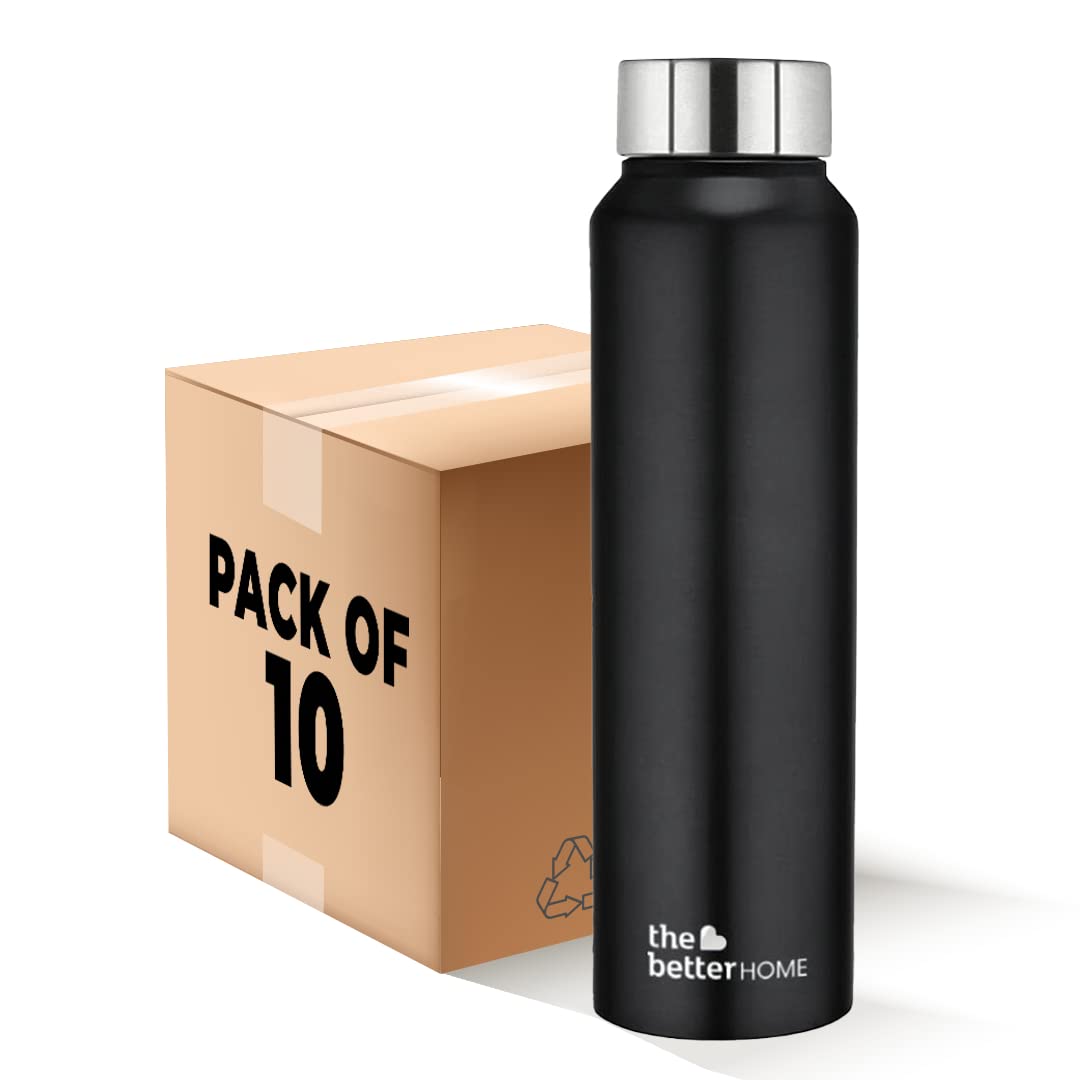 The Better Home 1000 Stainless Steel Water Bottle 1 Litre | Rust-Proof, Lightweight, Leak-Proof & Durable | Eco-Friendly, Non-Toxic & BPA Free Water Bottles 1+ Litre | Black (Pack of 10)