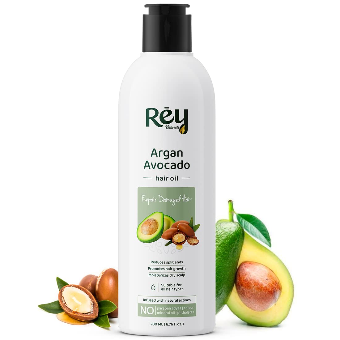 Rey Naturals Hair Oil | Moroccan Argan Oil + Avocado Oil to Repair Damaged Hair | Natural Actives| Paraben and Sulphate Free| For Hair Growth and Reduced Split Ends| Suitable for Men and Women |200 ML