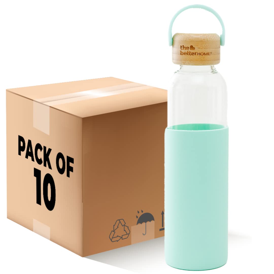 The Better Home Borosilicate Glass Water Bottle with Sleeve (500ml) | Non Slip Silicon Sleeve & Bamboo Lid | Fridge Water Bottles for Men, Women & Kids | Water Bottles for Fridge | Green (Pack of 10)