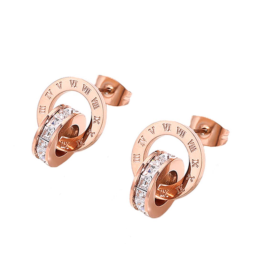 Yellow Chimes Earrings for Women Western Rose Gold Plated Stainless Steel Roman Numericals Engraved Crystal Statement Drop Earrings for Women and Girls.