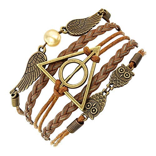 Yellow Chimes Harry Potter Bracelet for Girls 2 Pcs Combo Harry Potter Deathly Hallows Snitch Ball Unisex Black/Brown Leather Bracelet for Girls and Boys.