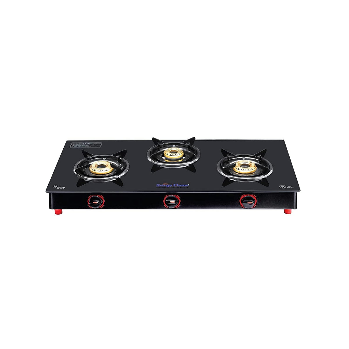 Surya Flame Smart Gas Stove Glass Top | LPG Gas Stove With Jumbo Burner | Unbreakable ABS Knobs | Anti Skid Legs | Rust Free Body - 2 Years Complete Doorstep Warranty (3 Burner, 2)