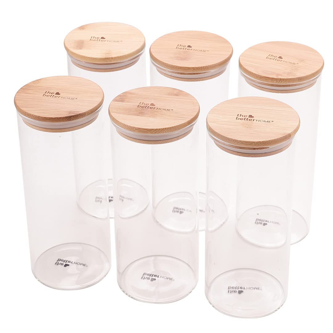 The Better Home Pack of 6 Kitchen Accessories Item with Bamboo Lid I Transparent Airtight Borosilicate Kitchen Containers Set | Glass Jars for Cookies Snacks Tea Coffee Sugar | 1000 ml Each