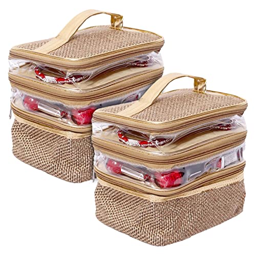 Kuber Industries Jute 3 Compartment Jewellery Organizer For Bangles, Small Jewellery & Cosmetic Pack Of 2 (Gold) 54KM4075